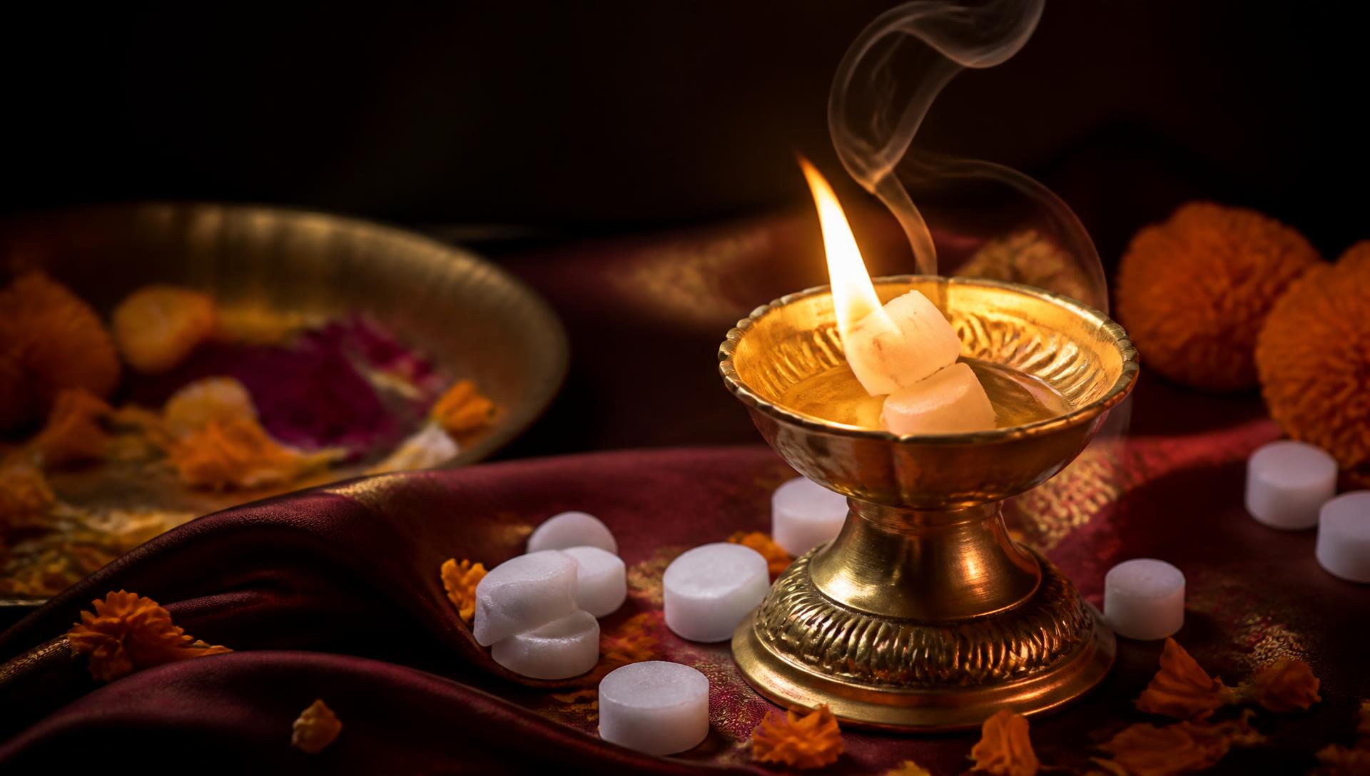 A camphor flame glowing above pure camphor tablets during aarti